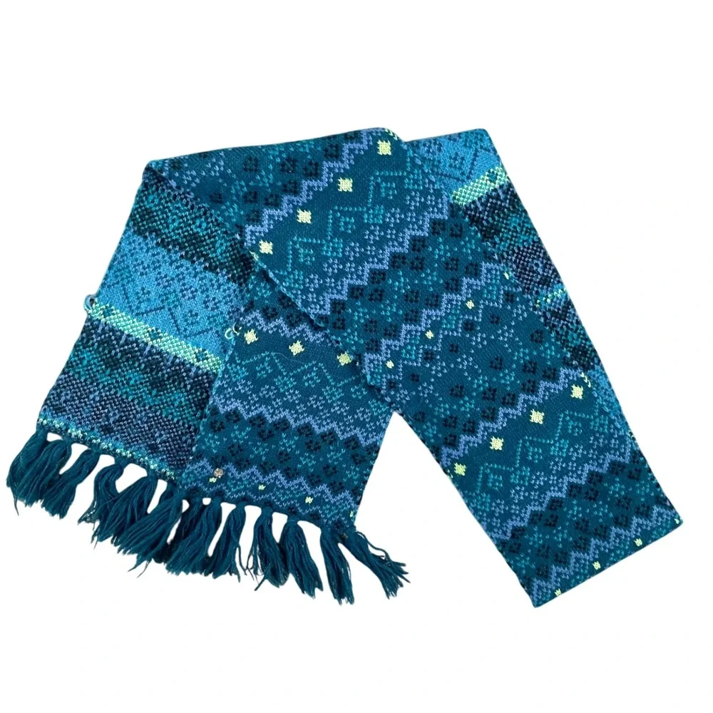 Eddie Bauer Fair Isle Blue‎ Green Fairisle Boho Fringe Scarf Rectangle Knit long